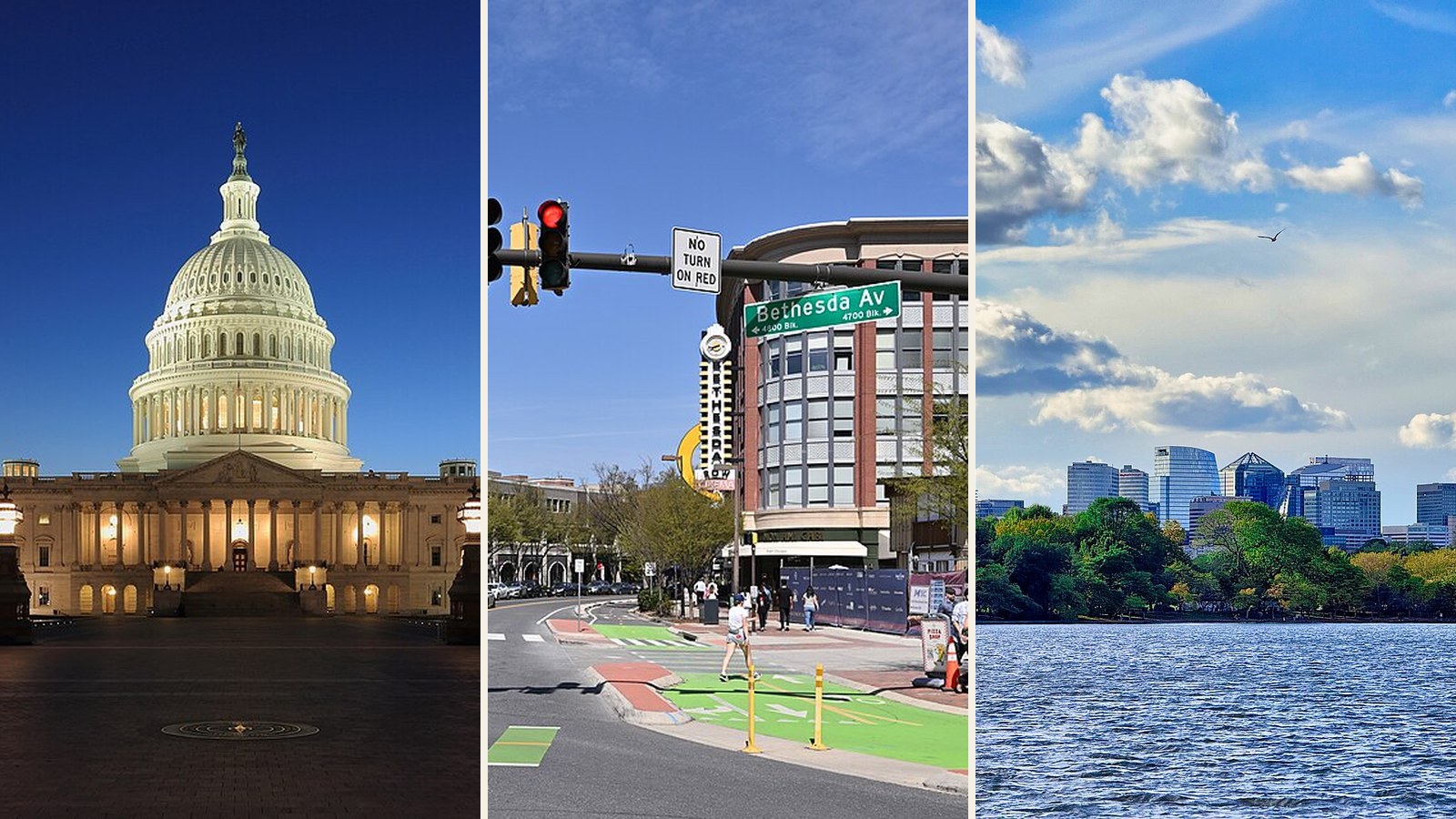 The US Capitol in Washington, DC, downtown Bethesda, Maryland, and the Arlington, Virginia skyline