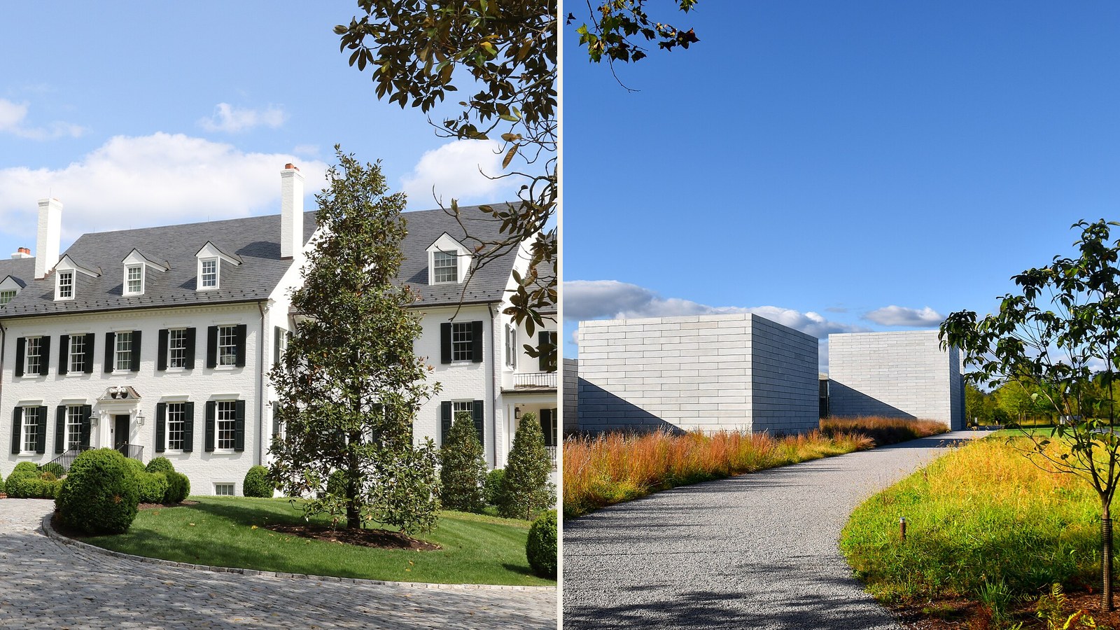 A McLean estate home and the Glenstone Museum pavilions in Potomac