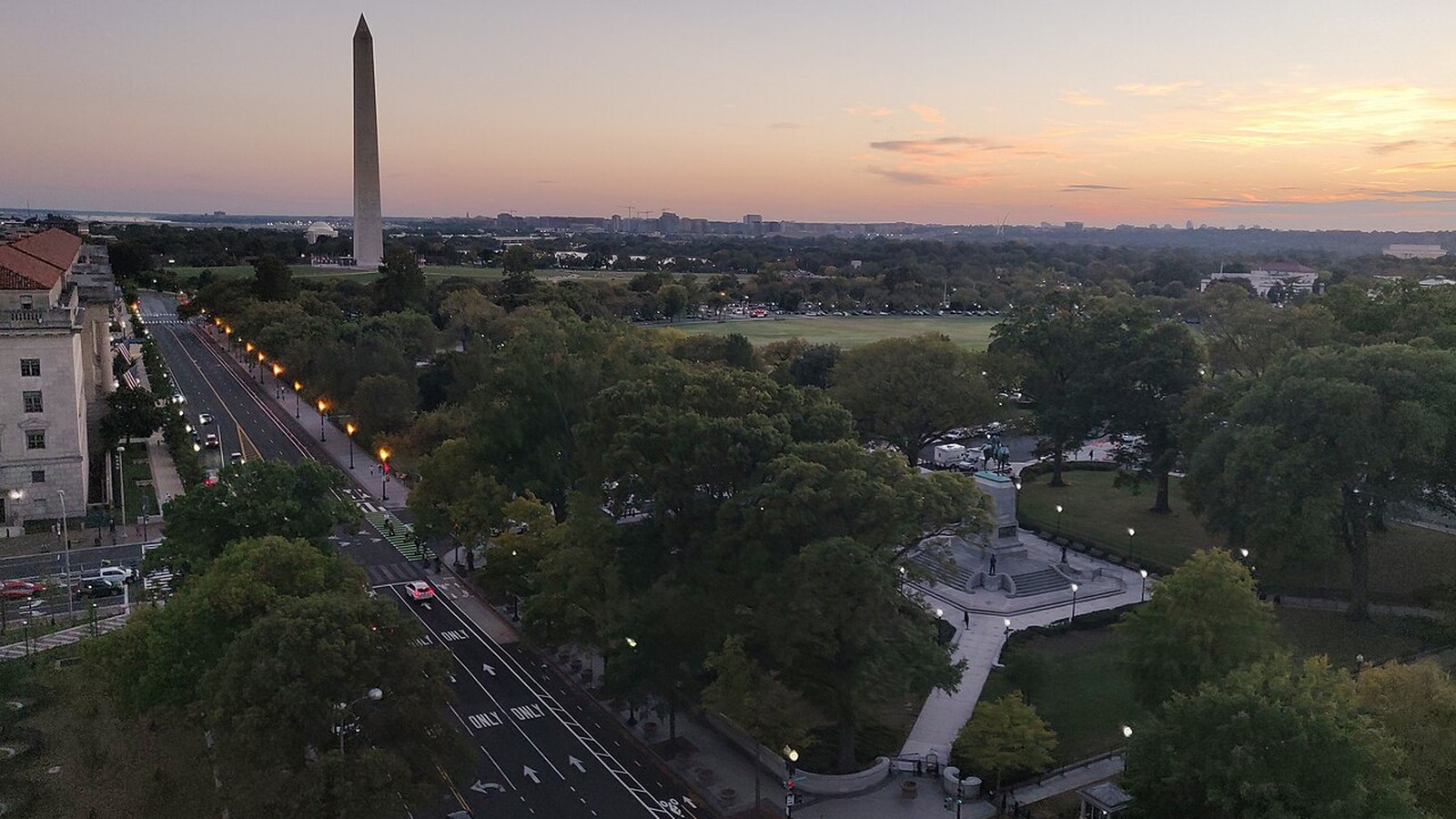 The Washington Monument and the National Mall at dusk in Washington, DC