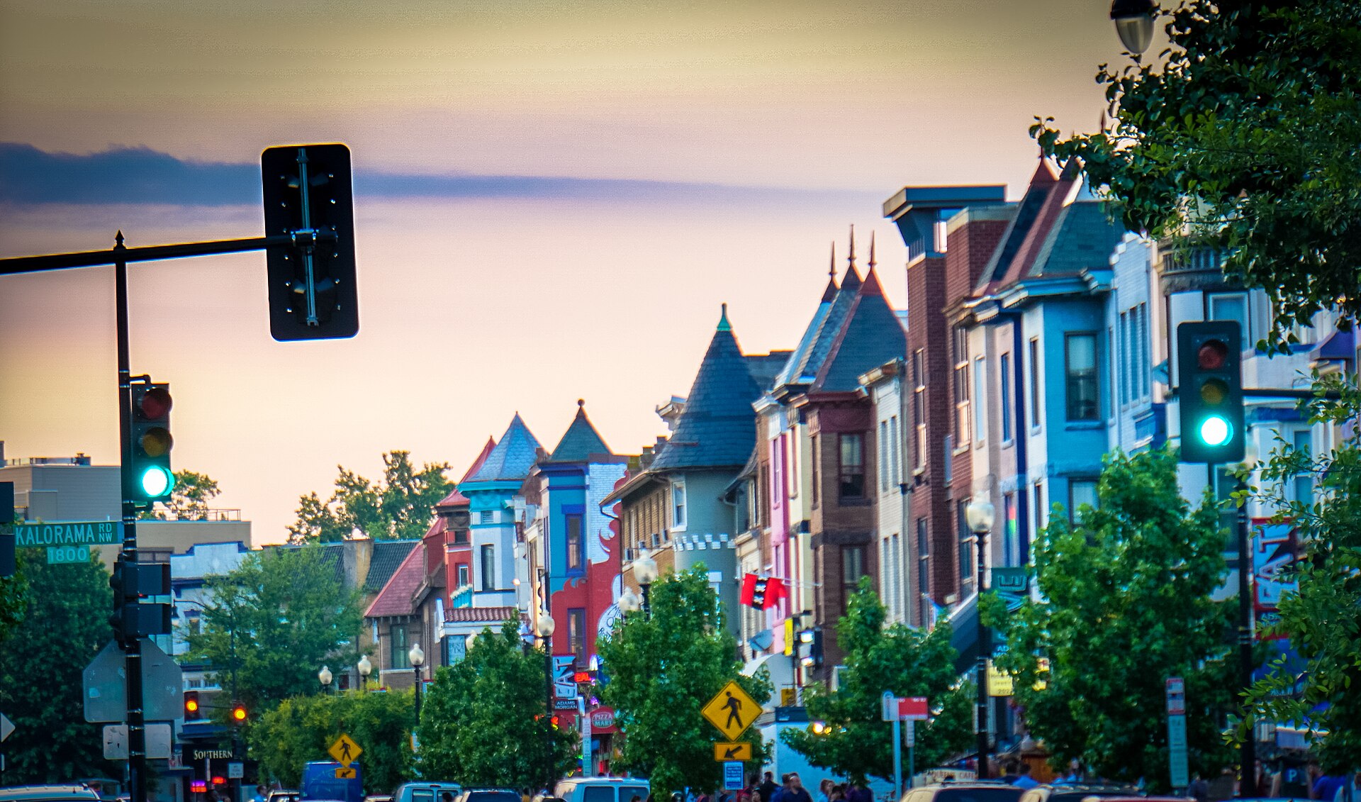Colorful rowhouses at sunset in Adams Morgan, Washington DC