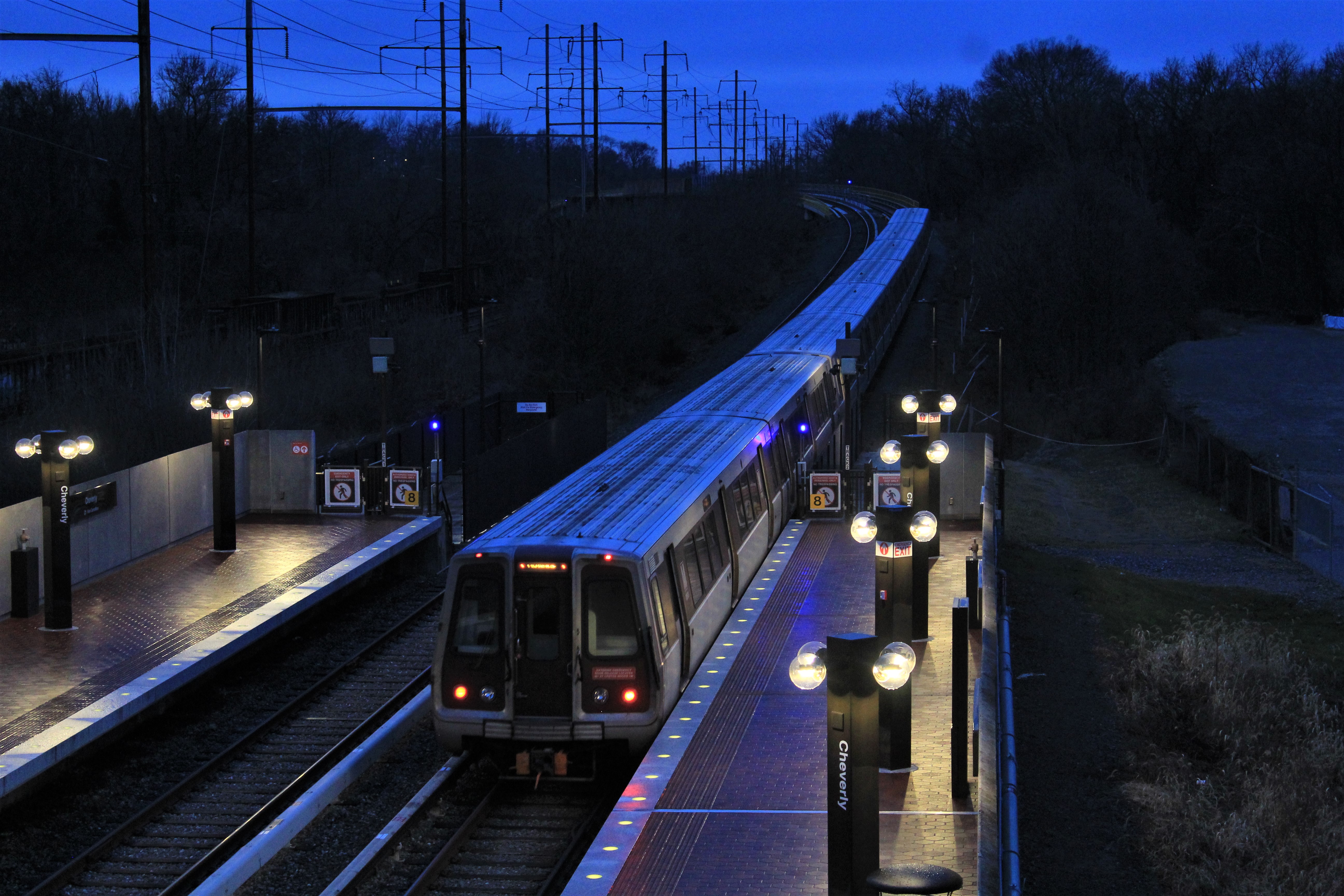 Metro train at Cheverly station at dusk, Maryland