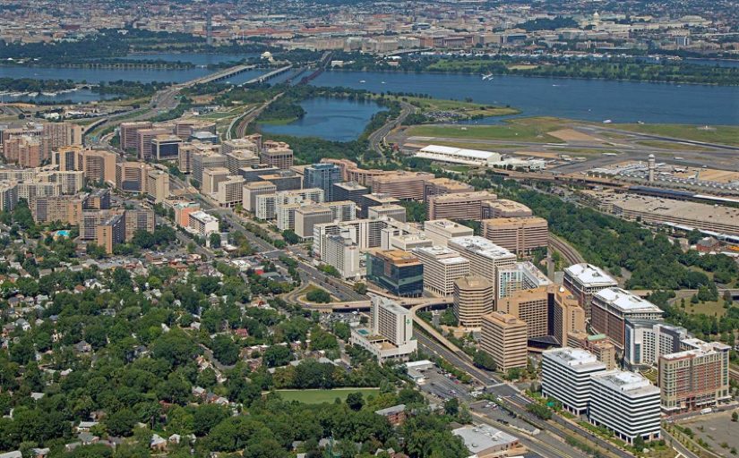 Aerial view of Crystal City, Arlington, Virginia with the Potomac