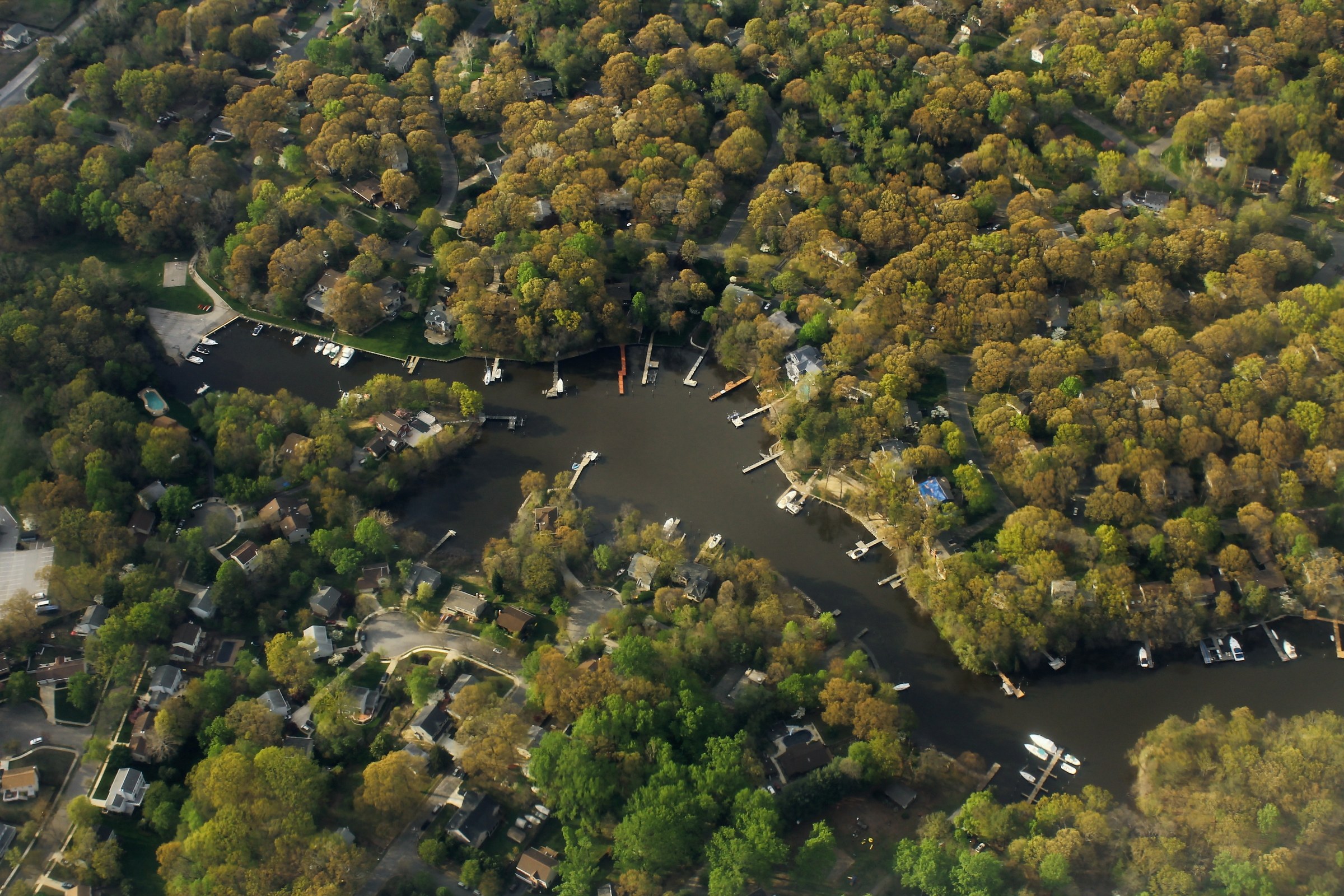 Aerial view over the Magothy River in Severna Park, Maryland